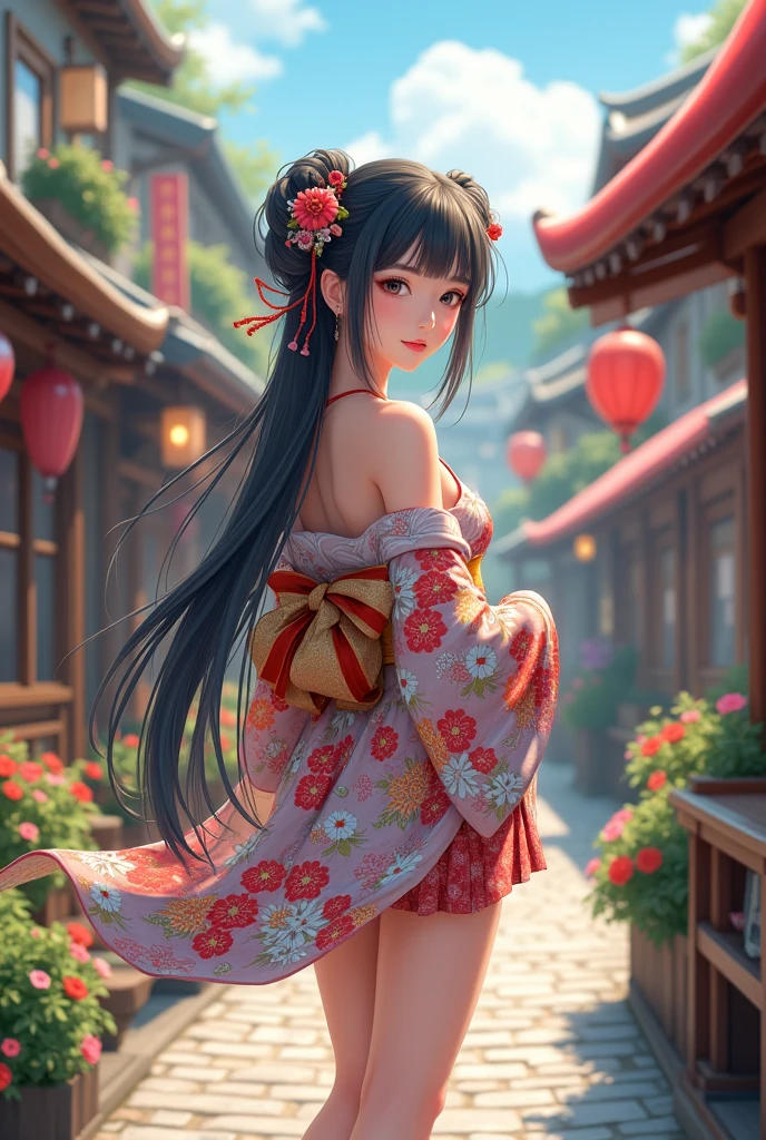 sparkle_honkai,1girl,((standing)),short kimono,bare shoulders,twintails,black hair,long hair,hair ornament,bare legs,upper body,(cowboy shot,realistic,photorealistic),(masterpiece,best quality,high quality),(colorful),(delicate eyes and face),volumatic light,ray tracing,extremely detailed CG unity 8k wallpaper,outdoors,Cobblestone Streets,Quaint Architecture,Charming Cafs,Flower-Filled Window Boxes,Cozy Boutiques,Lush Greenery,Vibrant Market Stalls,Riverside Scenes,Vintage Lampposts,Old-world Elegance,