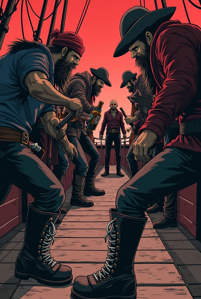 Draw a picture of the pirates letting a Nazi walk the plank. The combat boots should have white laces and should be on the front of the boots, not behind! Das ganze im One Piece Anime Style, the pirates are said to be drunk and have sabres and rum bottles in their hands, They should also have beards. The Nazi is said to have a bald head and to have wet his pants and to look pathetic. The picture should be kept dark with lots of black and red tones