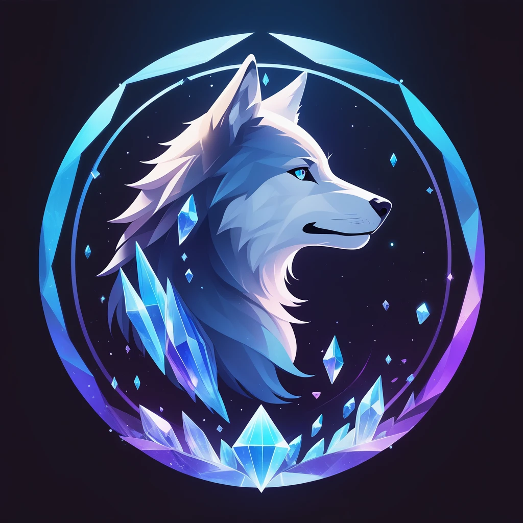 simple, cool, symbol logo, facial profile, 8k, a wolf, crystals floating in a circle