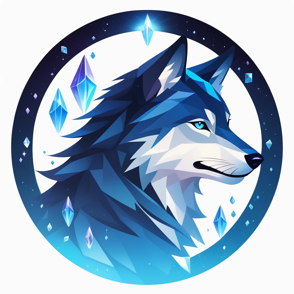simple, cool, symbol logo, facial profile, 8k, a wolf, crystals floating in a circle