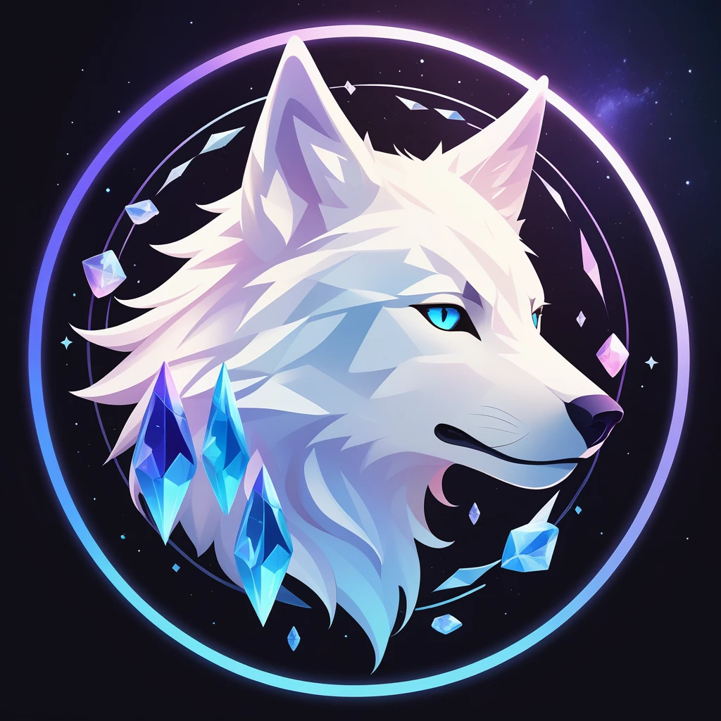 simple, cool, symbol logo, facial profile, 8k, a wolf, crystals floating in a circle