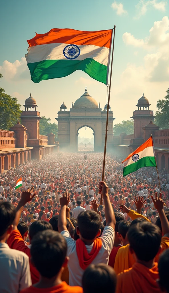 An image was created that showed many people celebrating Independence Day and hoisting the Indian flag at historical places and schools in India.