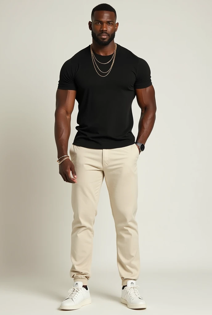 Create a photo of a strong man wearing cream tailored trousers, plain black t-shirt tucked into pants, white shoes or sneakers, some accessories like chains and bracelets. And an elegant watch that matches the style. 