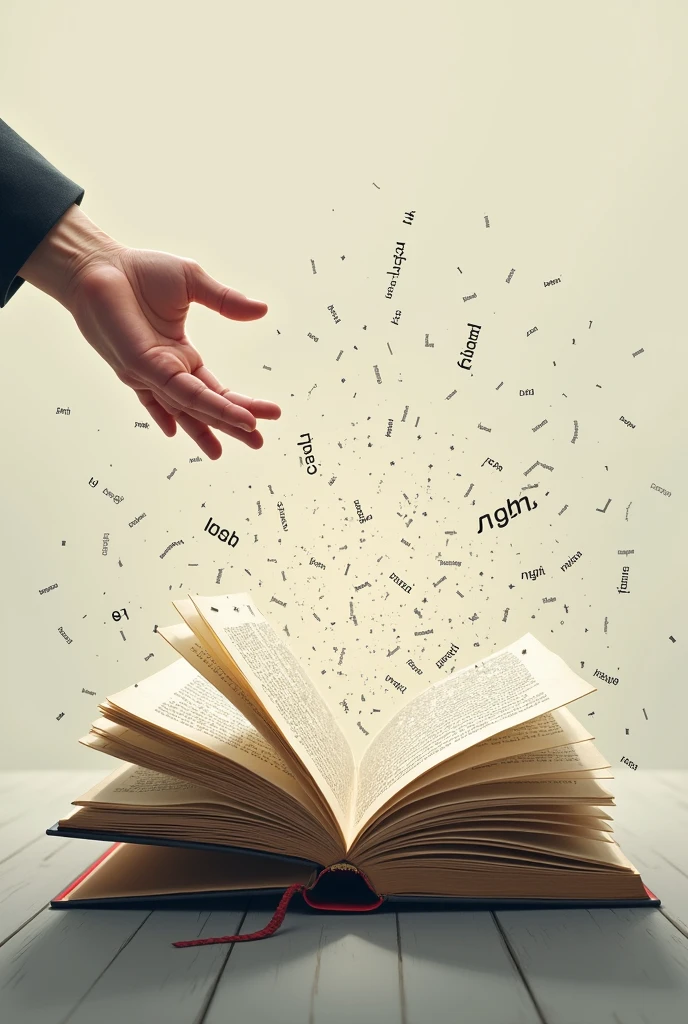 Image of a book, words without chains, opened, with several pages flying around, all containing loose and free words, without chains or restrictions. No fundo, a hand extended towards the book, symbolizing the fight for freedom of expression and the dissemination of knowledge through words.