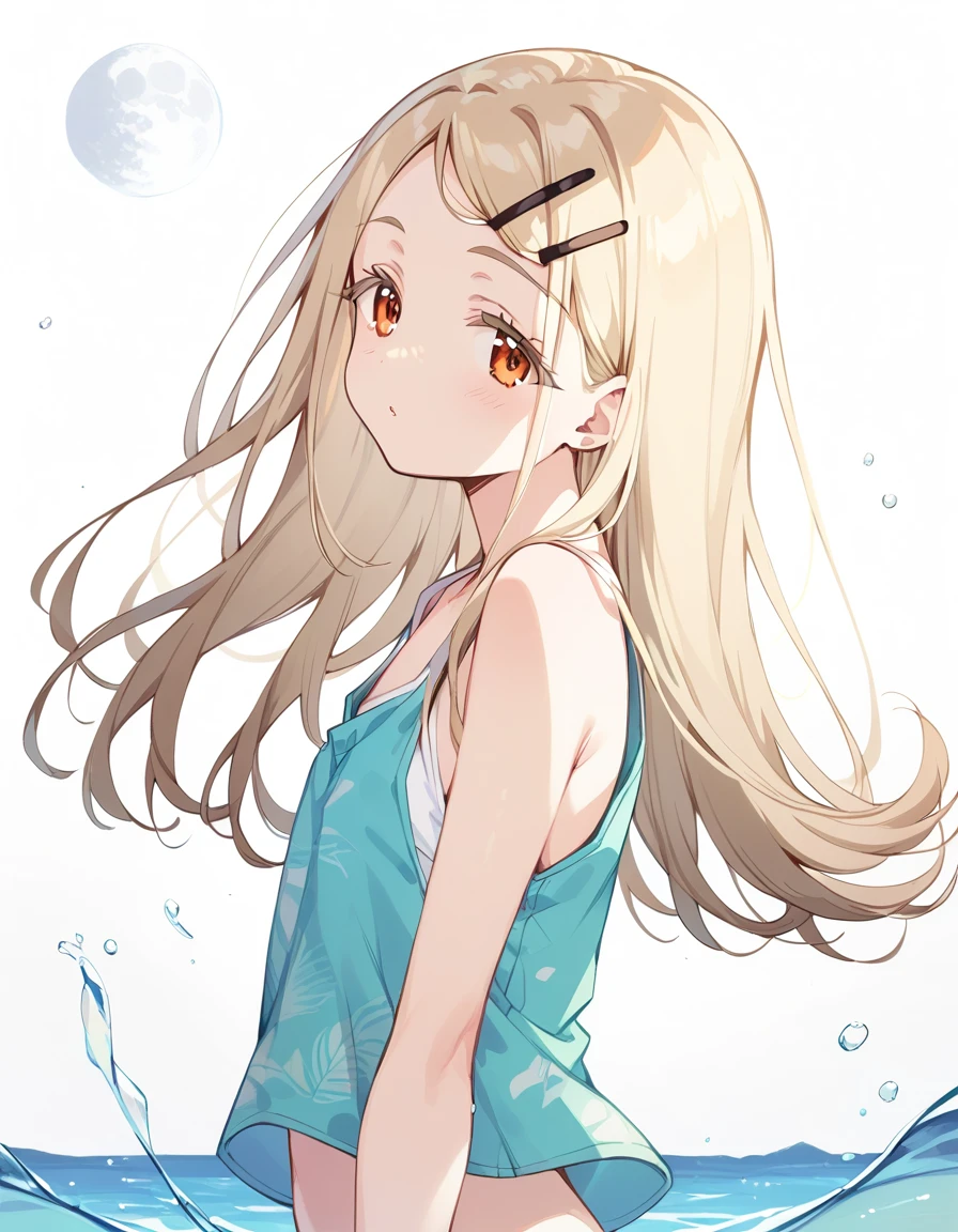 1girl,shinosawa hiro,slender,orange eyes,blonde hair,long hair,hairclip,white background,flat chest BREAK aloha shirt,tanktop,open shirt,from side,water,night,moon,