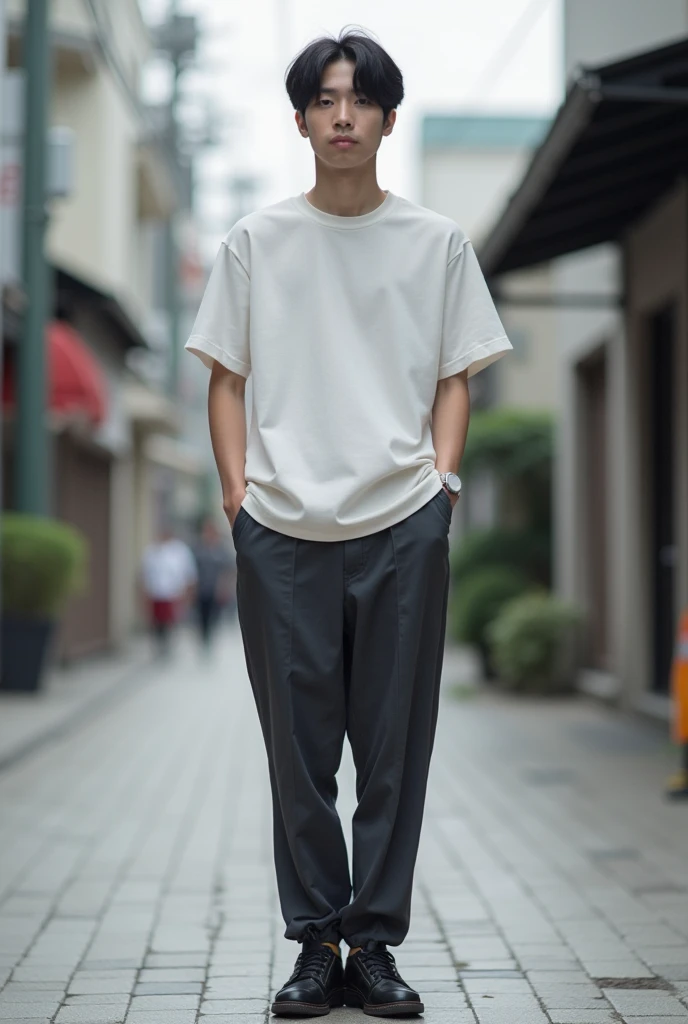 23 years old　Japanese　male　university student　Hairstyle parted in the center　I can see your forehead　Simple Outfit　color of clothing（monotone）　Full body photo（So that you can see your feet）　A photo taken unexpectedly　Photo from a distance　place（Urban city）　Don't put your hands in your pockets　Other shoots