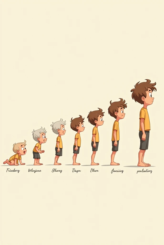 Create an animation of a boy showing the growing stage of human from to ddler to pr to primary schnager to adult and lastly old age write the name in each of the images below with the growing stage of the character.