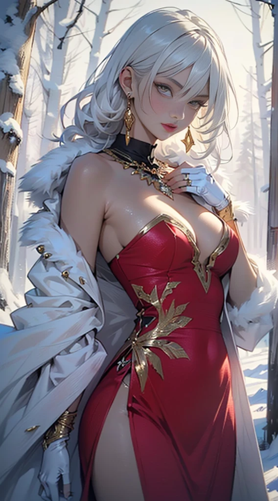 woman,1female,((milf,mom,mature,mature woman,45 years old female,adult)),(large breasts:1.5),saggy breasts,(((white hair:1.4,straight hair,long hair:1.4,colored inner hair))),((yellow_eyes:1.3)),intricate eyes,beautiful detailed eyes,symmetrical eyes,((((dark skin:1.4,lustrous skin:1.5,bright skin: 1.5,skin tanned,shiny skin,very shiny skin,shiny body,illuminated skin)))),(spider lower abdomen,narrow waist,wide hip,bimbo body,inflated legs,delicate detailed fingers),(((detailed face))),
cute,slutty,sensual,seductive look,seductive,((erotic)),opulent,sumptuous,longingly,((nsfw)),
queen,goddess,fantasy,(beautiful winter silver clothes,silver silk),((strapless red dress,very long red skirt,red dress)),(silver clothes),(((ice jewelry,intricate necklace,christmas jewelry,detailed outfit))),cleavage,silver silk,((eyeshadow,elegant makeup,eyelid makeup,gold lips,gold lipstick)),((Transparent cloth:1.1)), (((Sexy white fur coat, white fur coat outfit, wearing a white fur coat:1.3,winter white coat))),red gloves,(((intricate outfit,intricate clothes,embroidered outfit,ornate outfit,embroidered clothes,ornate clothes))),
(dynamic pose:1.0),embarrassed,(centered,scale to fit dimensions,Rule of thirds),
((snowy pine forest at night)), with dark stormy clouds,winter,scenery:1.25,((snow forest background)),Christmas tree,
(Glossy winter ornaments),(top-quality,8K,32K,masterpiece),high resolution,(Photorealistic:1.4),Ray tracing,Sun glare,depth of fields,By backlight effect,Add depth to your screen,(((vibrant colors,vibrant theme))),(intricate),(high contrast,photorealistic artwork:1.37),(best quality,4k,highres,masterpiece:1.2),ultra-detailed,(realistic,photorealistic,photo-realistic:1.37),professional,