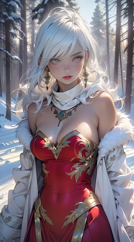 woman,1female,((milf,mom,mature,mature woman,45 years old female,adult)),(large breasts:1.5),saggy breasts,(((white hair:1.4,straight hair,long hair:1.4,colored inner hair))),((yellow_eyes:1.3)),intricate eyes,beautiful detailed eyes,symmetrical eyes,((((dark skin:1.4,lustrous skin:1.5,bright skin: 1.5,skin tanned,shiny skin,very shiny skin,shiny body,illuminated skin)))),(spider lower abdomen,narrow waist,wide hip,bimbo body,inflated legs,delicate detailed fingers),(((detailed face))),

cute,slutty,sensual,seductive look,seductive,((erotic)),opulent,sumptuous,longingly,((nsfw)),

queen,goddess,fantasy,(beautiful winter silver clothes,silver silk),((strapless red dress,very long red skirt,red dress)),(silver clothes),(((ice jewelry,intricate necklace,christmas jewelry,detailed outfit))),cleavage,silver silk,((eyeshadow,elegant makeup,eyelid makeup,gold lips,gold lipstick)),((Transparent cloth:1.1)), (((Sexy white fur coat, white fur coat outfit, wearing a white fur coat:1.3,winter white coat))),red gloves,(((intricate outfit,intricate clothes,embroidered outfit,ornate outfit,embroidered clothes,ornate clothes))),

(dynamic pose:1.0),embarrassed,(centered,scale to fit dimensions,Rule of thirds),

((snowy pine forest at night)), with dark stormy clouds,winter,scenery:1.25,((snow forest background)),Christmas tree,

(Glossy winter ornaments),(top-quality,8K,32K,​masterpiece),high resolution,(Photorealistic:1.4),Ray tracing,Sun glare,depth of fields,By backlight effect,Add depth to your screen,(((vibrant colors,vibrant theme))),(intricate),(high contrast,photorealistic artwork:1.37),(best quality,4k,highres,masterpiece:1.2),ultra-detailed,(realistic,photorealistic,photo-realistic:1.37),professional,