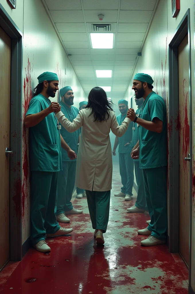 In a hospital (Hospital name R G Medical College) where few mens (they are cruel ) are trying to rape a female doctor . Blood everywhere. 
 'All Eyes On Kolkata' - this sentence must be on photo 