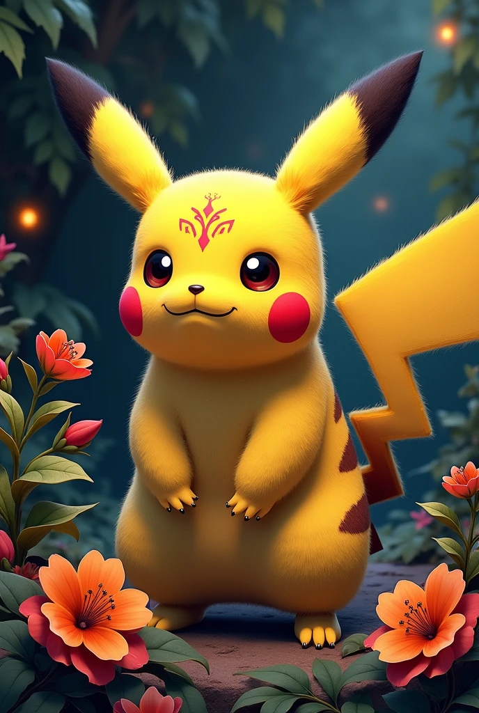 Photorealism Pikachu, a character from the Pokémon franchise. In this illustration, Pikachu has very intricate and stylish details, with floral motifs and tribal designs on its body, ears and tail. The character is surrounded by various decorative flowers and leaves that complement the overall aesthetic. The background of the image has a dark feel with touches of glowing orange elements, resembling fire or plants