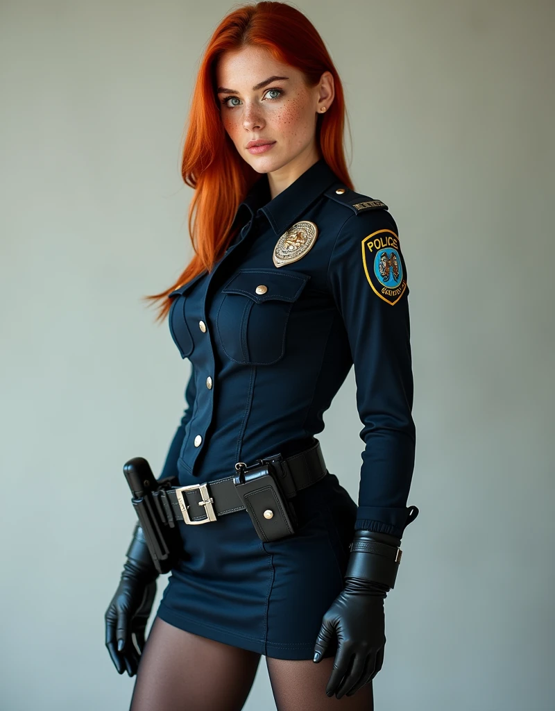 high quality instagram photo, full body of a Scandinavian girl, 20 years old, red hair, sexy, short height, green eyes, freckles, cute face, large breasts, wearing, super dense and sexy police uniform, police hat, mini skirt, Police jacket, pantys, high heels