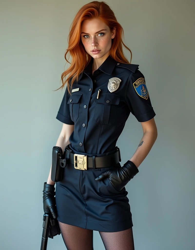 Photograph of a young woman, natural red hair, blue eyes, freckles, she is dressed in the typical police uniform but with small shorts that fit her slender body and black pantyhose.
