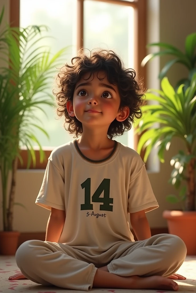(photorealism:1.2), beautiful boy, sitting on Earth, wearing loose 14 august ahmad Name shirt , pajama pants, long curly hair, indoors, soft lighting, plants in background, window with sunlight, cozy room, relaxed pose, realistic, intricate