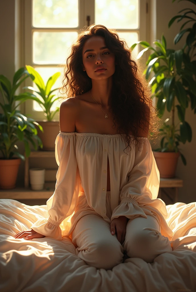 (photorealism:1.2), beautiful woman, sitting on bed, wearing loose off-shoulder top, pajama pants, long curly hair, indoors, soft lighting, plants in background, window with sunlight, cozy room, relaxed pose, realistic, intricate details, warm colors, by Greg Rutkowski, by Alphonse Mucha