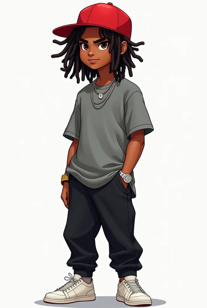 cartoon unknown character with dreadlocks wearing streetwear, red cap, gray slightly oversize t-shirt, black relaxed fit pants, white shoes, with accessories like a watch and some chains