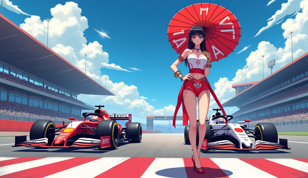 F1 race circuit. Race cars have the word JAPAN on them. A young Japanese race queen is standing in front of a race car holding a Japanese flag parasol. Her costume is separates with the word JAPAN on it. She is wearing a bangle on her arm. The background is beautiful and shining under the summer sun. Anime style. View from afar. Her beautiful legs are attractive, and her whole body from head to toe. She is wearing high heels.