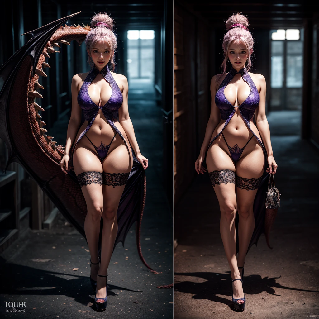 (Full Body of Extremely Detailed Dragon girl) with pink eyes long purple hair in a high ponytail, liquid hair, flowers, (Huge dragon head) in background, negative space, TopQuality 8k UltraDetailed Masterpiece, realistic, photorealistic, HDR ultra-fine painting, sharp focus, physically-based rendering, extreme detail description, professional, Bright colors, bokeh, (Exposed Hourglass Body Shape)