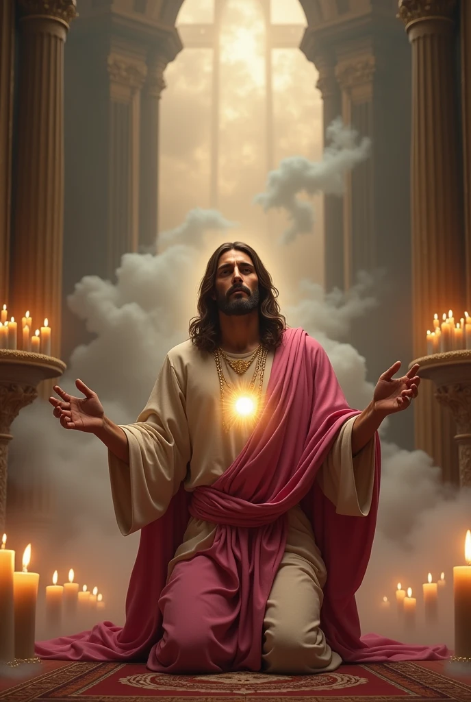 (photorealism:1.2), Crying Jesus Christ, kneel praying under the altar of the priest that full of clouds and sorrounded of many candles, wearing pink king clothes with light in his head and heart spreading all over, perfect five finger, long beautiful hair, indoors, soft lighting, clouds in background, beautiful light, perfect church and clouds, relaxed pose, realistic, intricate details, warm colors,