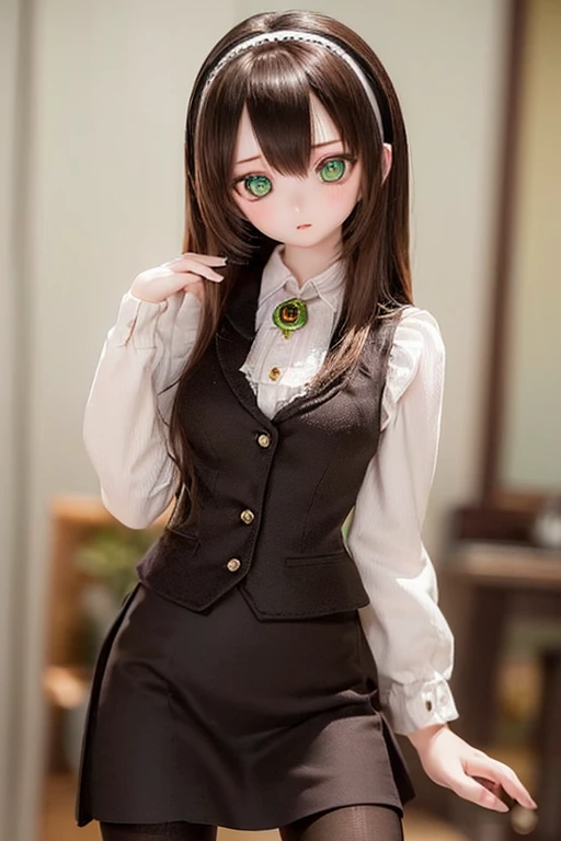 (SFW:2), photorealistic, realistic photo, 8k, ((highest quality)), ((masterpiece)), (extremely detailed), kukolnydom, doll, (mature woman, 21yo, 21 years old, solo:1.6), ((cowboy shot, contrapposto, slim, slender, skinny, medium breasts, hairband, ascot, vest, blouse, long puff sleeves, pleated skirt, black pantyhose)), (green eyes, brown hair, long hair, plastic skin, looking at another, glass eyes, gradient eyes, shining eyes, detailed eyes:1.3)
