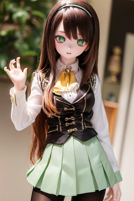 (SFW:2), photorealistic, realistic photo, 8k, ((highest quality)), ((masterpiece)), (extremely detailed), kukolnydom, doll, (mature woman, 21yo, 21 years old, solo:1.6), ((cowboy shot, contrapposto, slim, slender, skinny, medium breasts, hairband, ascot, vest, blouse, long puff sleeves, pleated skirt, black pantyhose)), (green eyes, brown hair, long hair, plastic skin, looking at another, glass eyes, gradient eyes, shining eyes, detailed eyes:1.3)