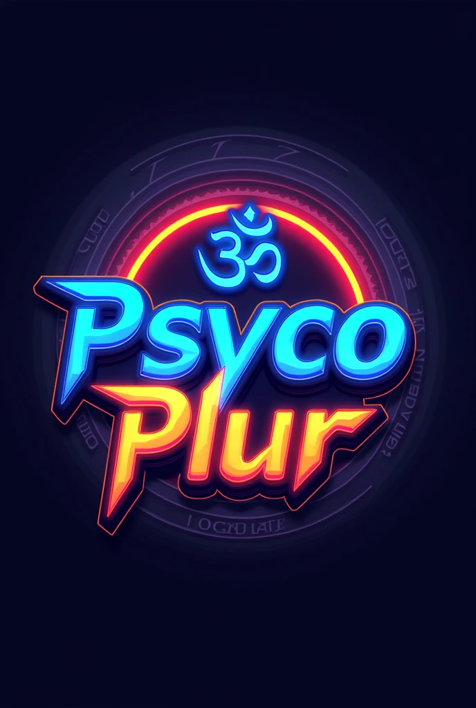 E-sports team logo for moba style game, with the name "Psyco Plur" written in blue and neon orange in the foreground with the psytrance music style letter theme and in the background with the Ohm symbol of Hinduism.