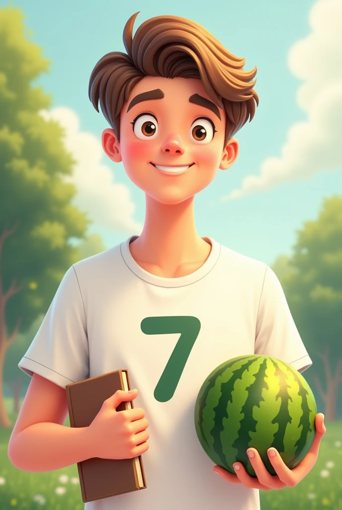 Bob Hair Brown Hair cute He has a book in his left hand In his right hand he holds a round watermelon He is wearing a white T-shirt with the number 7 written in green