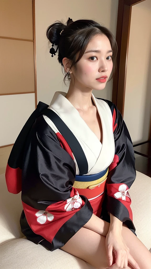 (kimono, Webbing, Complex red:1.4),
((highest quality, 8k, masterpiece: 1.3)), Perfect body beauty: 1.4, (Breast A cup:1.2), Small breasts, Round shaped breasts, Perfectly shaped breasts, Highly detailed face, Beautiful woman, (Dark brown shortcuts), Slim face, Highly detailed face and skin texture, Highly detailed lips, (Realistic:1.4),
((30 years old, Sexy beautiful wife:1.2)),
((Laying a white futon in a Japanese-style room, Sit on the futon with your legs stretched out, kimonoを脱ぎだす:1.2)),
((Dark room, Lantern:1.2)),
((Squint your eyes)),
((purse your lips:1.2)),
((Blushing:1.2)),
((Open your mouth a little to show your white teeth)),
((Breast enlargement,Flat Chest:1.2)),
Narrow shoulders, Long, slender legs, Thin waist,
Ultra-detailed skin, Glossy Skin, Ultra detailed face,
Ultra-detailed eyes, Slit eyes, Brown eyes, double eyelid, Beautiful thin eyebrows, Thin, long eyelashes,
Ultra-detailed lips, Fuller lips, Glossy pink lips, Flushed Cheeks, White teeth,
Beautiful actress's languid make-up, Pink lipstick, Smoky eyeshadow, Eye foundation,
Dark brown hair, Delicate and soft hair, Hair blowing in the wind,
(Elegantly putting your hair up, short hair, ponytail:1.5), Layered Cut, (Blunt bangs:1.2),