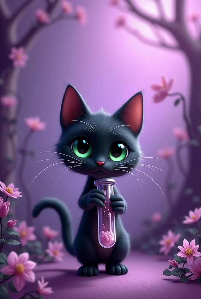 lilac background, with a little black cat with green eyes in the center of the image, holding a test tube