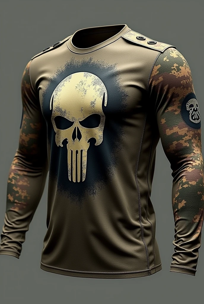 CREATE A LONG SLEEVE MILITARY HUNTING T-SHIRT WITH THE PICA FUMO LOGO WRITTEN ON THE SKULL