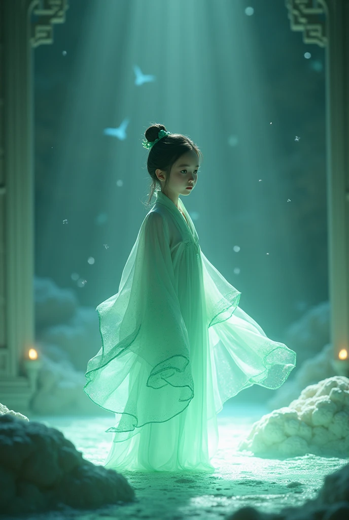 Jade fragment，luminescent，1 girl，。(best quality,4K,8K,high resolution,masterpiece:1.2), (Practical,Reality,Photo-real:1.37).，shining，Beautifully，monster，Unreal Engine 5，texture，Three-dimensional figures wearing Hanfu,Minimalism and abstract illustration, Chinese ink painting style, Chinese rice paper texture, Light penetrates the air, Fractal effect, Phosphorescent scene effects

