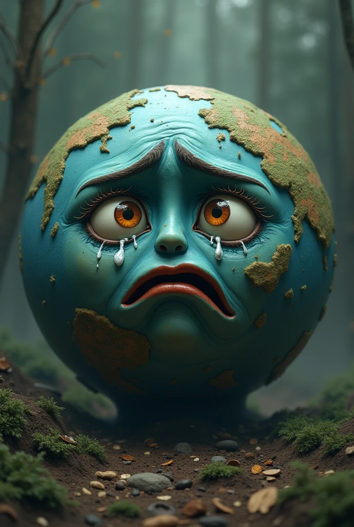 Earth globe with imaginary eyes having grief in eyes and shading tears due to deforestration 