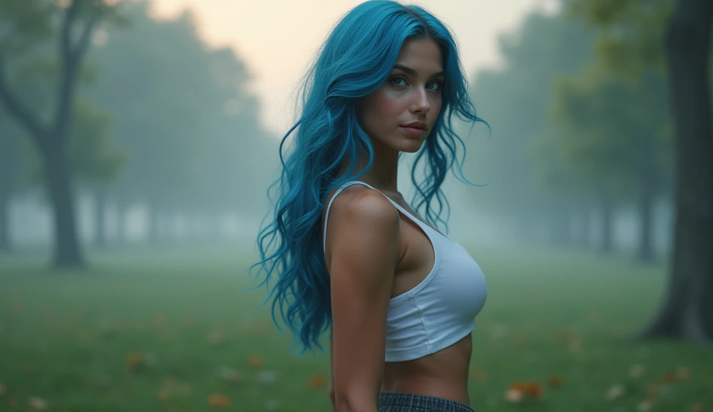 A beautiful 20-year-old woman with an athletic figure and medium round breasts stands with her back facing the camera in a park at dawn, accentuating her curves. She is turned slightly to the side, looking over her shoulder with a sultry expression. Her long, flowing azure blue hair is styled in loose waves, cascading down her back. The hair transitions from deep blue to light blue. She has green eyes, long eyelashes, and detailed facial features, including a subtle smile. The park is shrouded in morning fog with soft sunlight filtering through the mist. She is wearing a white tank top that highlights her athletic figure and tight-fitting dark grey shorts. The image should be in ultra high-definition (4k or 8k) with extreme detail