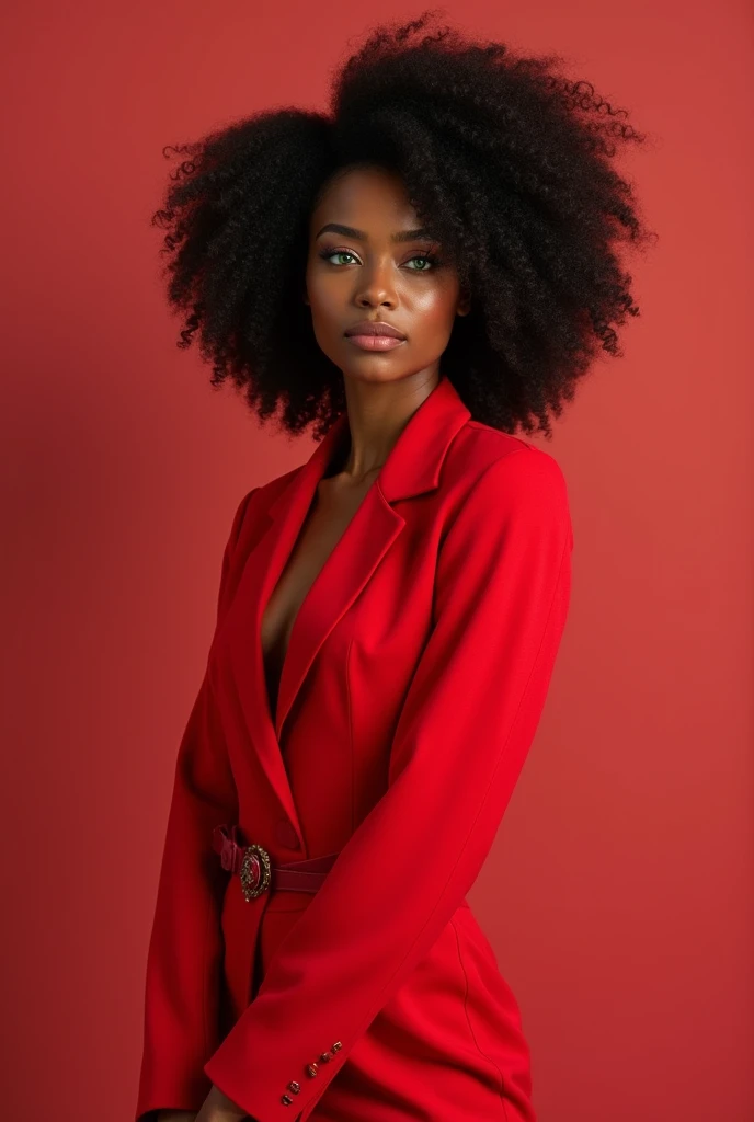Curly hair beautiful teen Kenyan woman. Hero outfit color Red. She wears a jacket but as heroic outfit