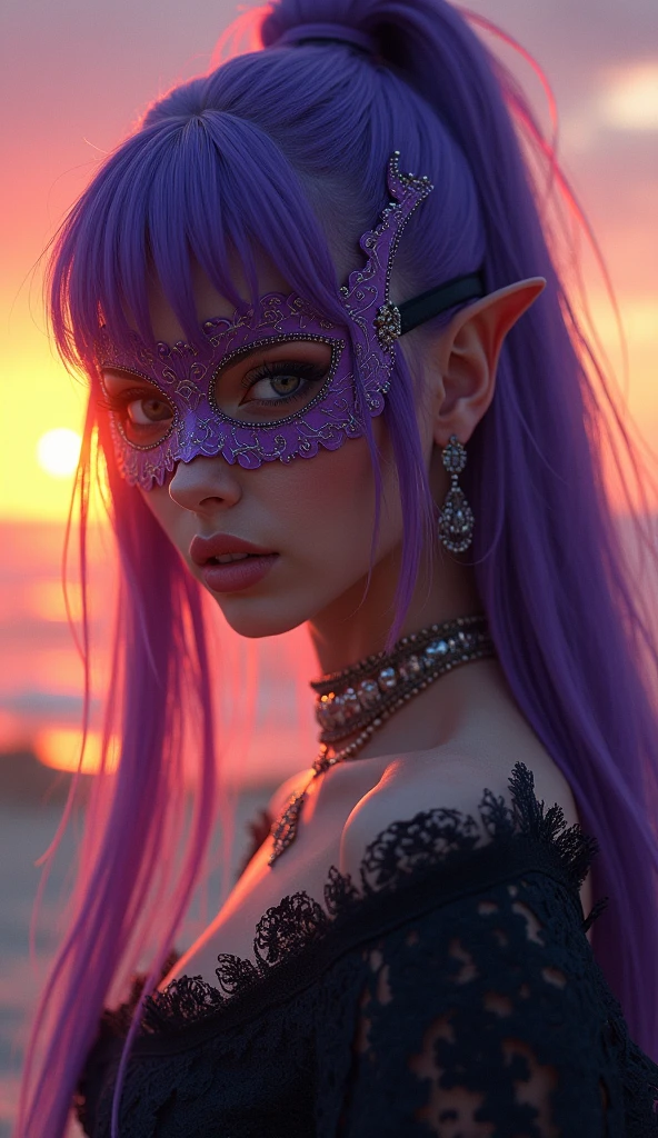 A woman wearing a mask and purple hair stands in front of a sunset, inspirado em Magali Villeneuve, Oriental Face, pintura de personagem bonita, Estilo de arte oriental, arabian art, 8k arte detalhada de alta qualidade, epic fantasy art portrait, epic exquisite character art, regal and menacing visage, detailed face of an arabic woman, Graphic artist Magali Villeneuve