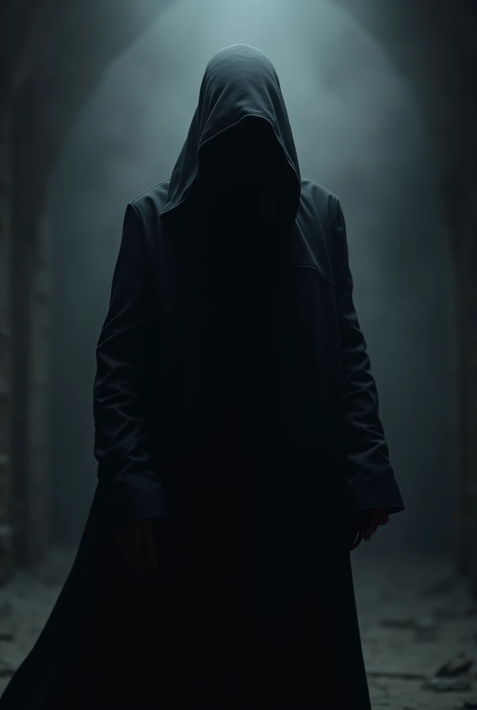 generate me an image of a mysterious person person with a face but a man with a hood in all black