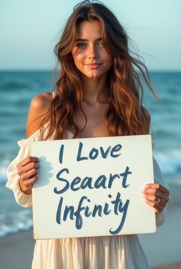 Beautiful girl with wavy long hair, bohemian dress, holding a white board with text "I Love Seaart Infinity" and showing it to the viewer