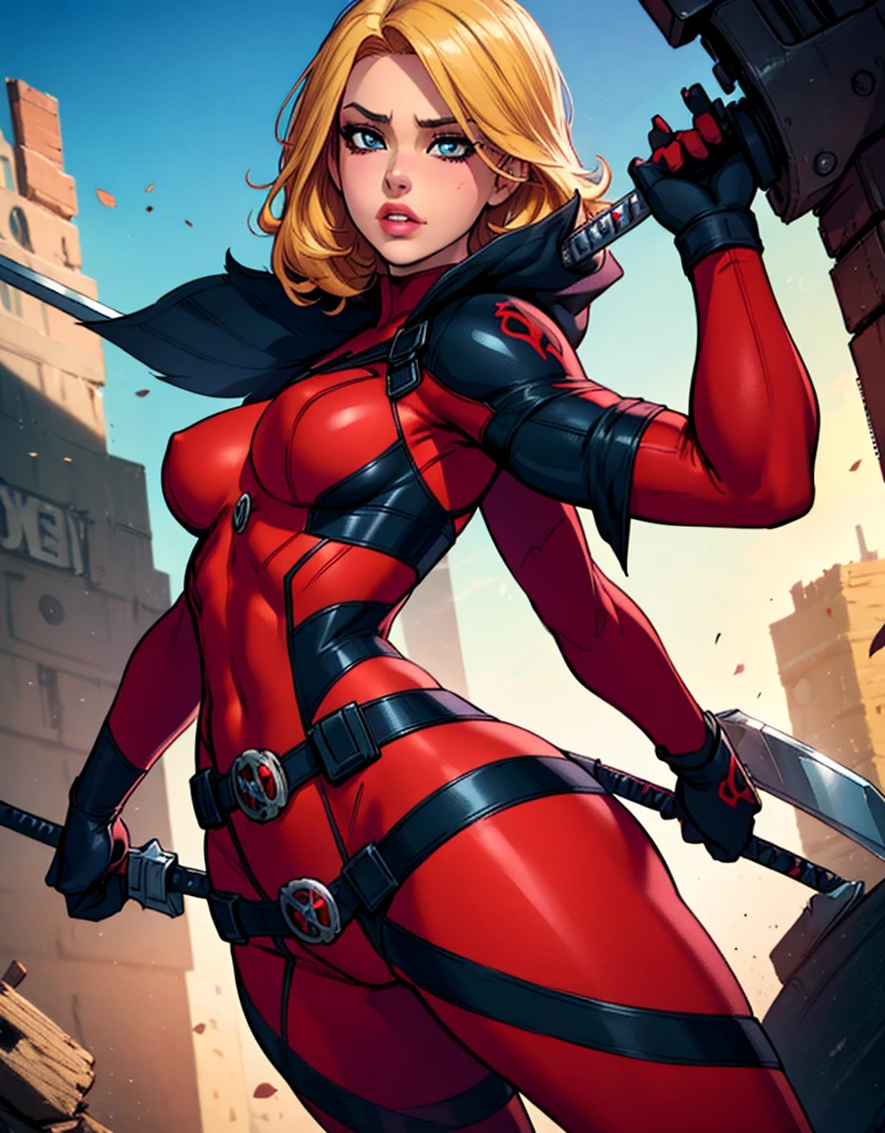 realistic portrait of a sexy and busty female superhero character in the style of Deadpool, with blonde hair, wearing a tight costume, holding swords, striking an alluring and confident pose, with a large, shapely backside, (best quality,4k,8k,highres,masterpiece:1.2),ultra-detailed,(realistic,photorealistic,photo-realistic:1.37),extremely detailed facial features,beautiful detailed eyes,beautiful detailed lips,extremely detailed eyes and face,longeyelashes,intricate costume details,dynamic lighting,dramatic shadows,vibrant colors,cinematic composition