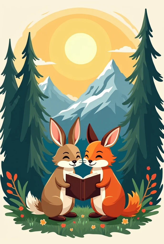 Logo with a rabbit and a fox reading a book, surrounded by trees, real mountains and the sun