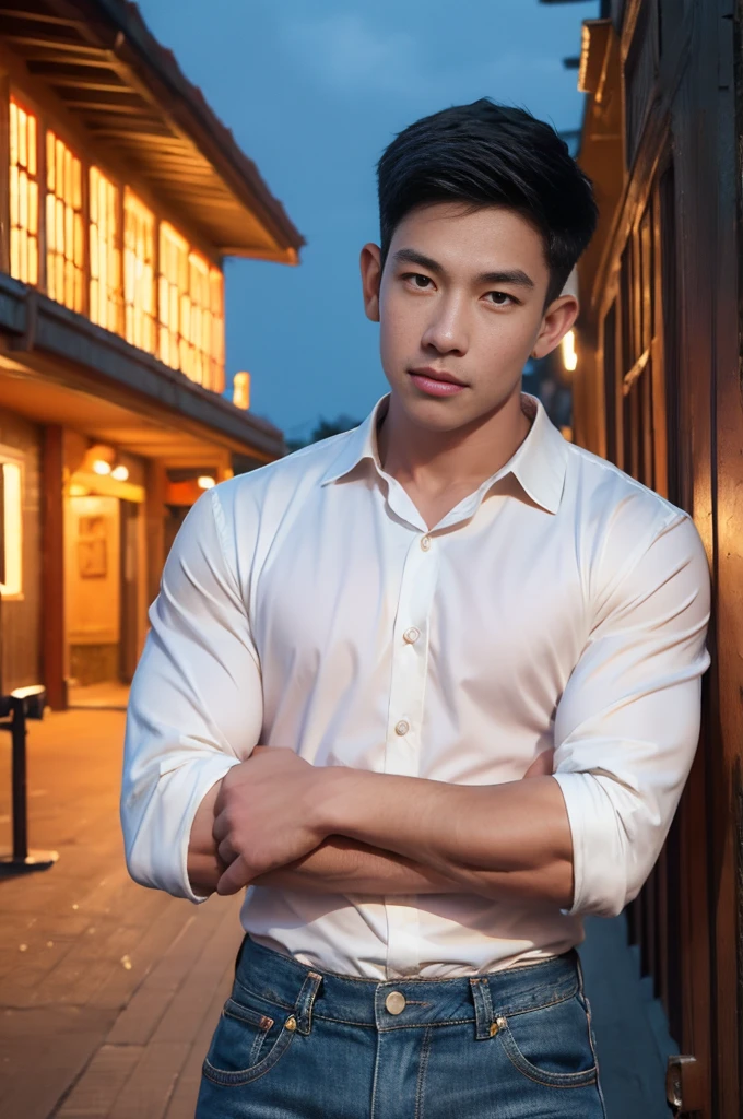 (armface:1.3) , Handsome young man standing, (have a mustache:0.8) , (short hair:1.2), The forearms are muscular., (Collared shirt with buttons:1.2), (white shirt:1.2),Jeans, Big muscles, Handsome and muscular, full body angle, (The front of an old building:1.1), , (nighttime:1.3), Neon lights