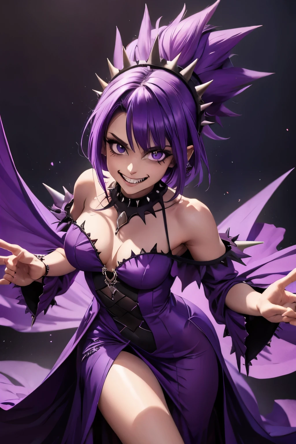 Ghost, (monster girl), purple skin, spikes, spiky purple hair, a fanged grin, floating hands, dressed in a dark-purple dress, floating in midair, masterpiece, best quality