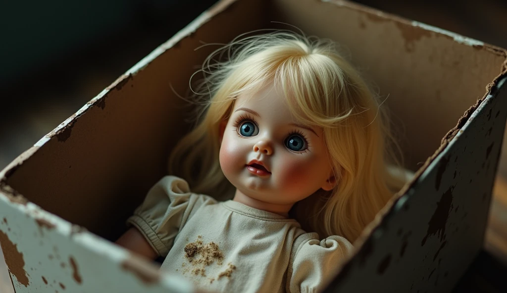 A dirty, creepy celluloid doll with blonde hair, sitting inside a box. Diagonal angle.
A creepy, soiled celluloid doll with blonde hair, confined to a box. Shot from a diagonal perspective.
A box containing a soiled, eerie celluloid doll with blonde hair. Diagonal composition.
