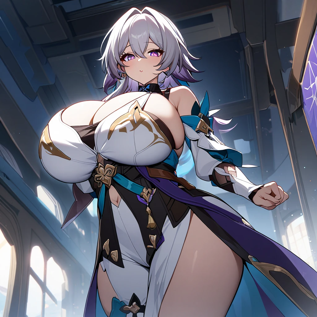 Robin(Honkai: Star Rail),1girl,solo,super huge breasts,looking at viewer,near,standing up,in room