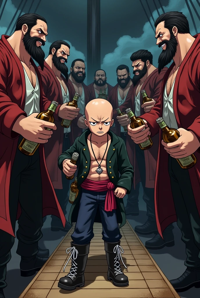 Draw a picture of the pirates letting a Nazi walk the plank. The combat boots should have white laces and should be on the front of the boots, not behind! Das ganze im One Piece Anime Style, the pirates are said to be drunk and have sabres and rum bottles in their hands, They should also have beards. The Nazi is said to be bald and to have wet his pants and to look pathetic and to be tied up. The picture should be kept dark with lots of black and red tones