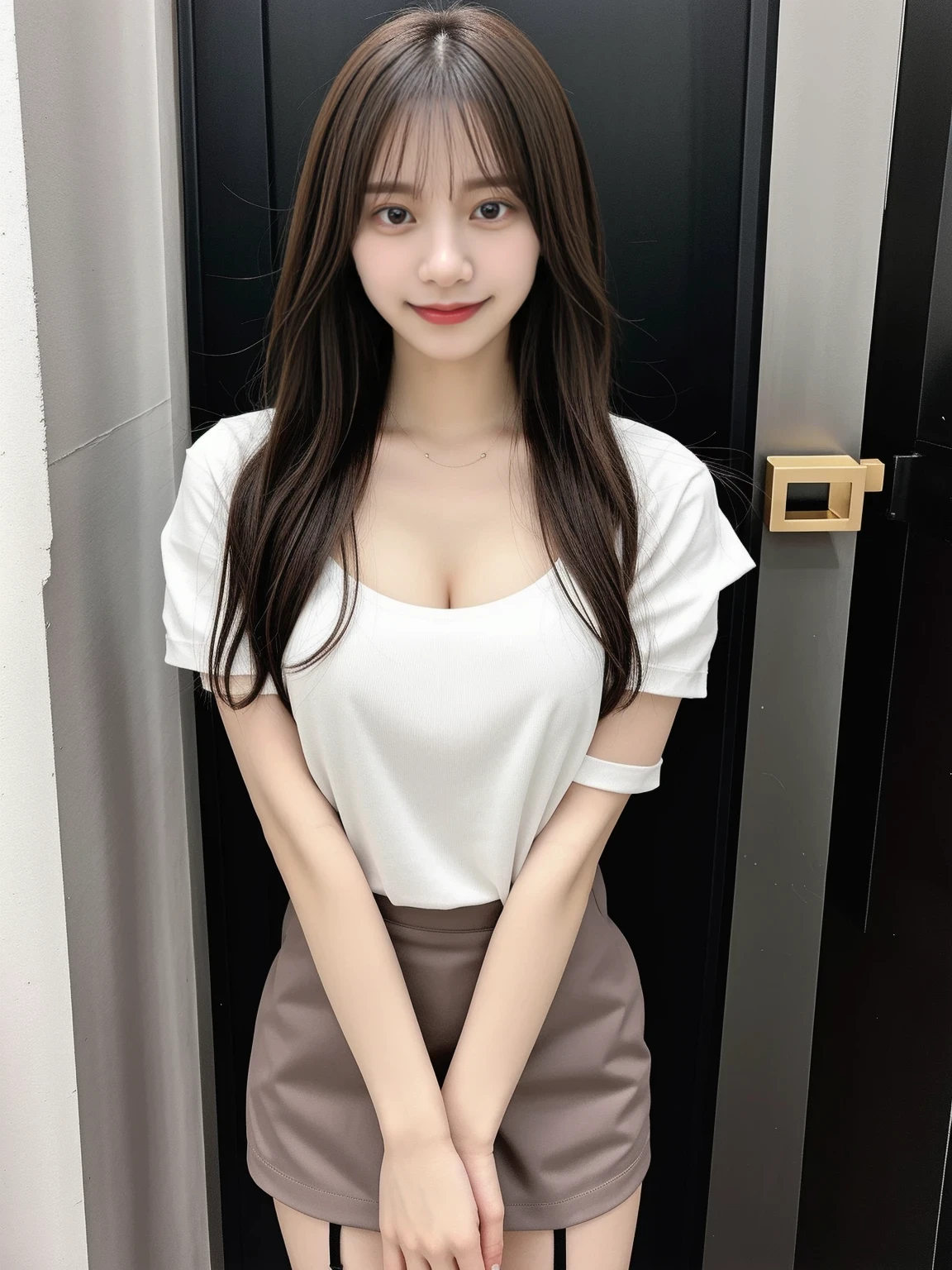 40k, photograph, masterpiece, Highest quality, Tight thin T-shirt、A T-shirt with open cleavage、Tight Skirt, ((Super beautiful girl)), perfectionな顔, perfection , ((Big Breasts)), ((smile、One with brown eyes and beautiful light black hair)). Beautiful Japanese Women,Very white skin, . Highly detailed face, fine grain, Embarrassing, smile, whole body, Long and beautiful legs、Long Hair、With bangs、Light Brown Hair、Sexy body、Panty stocking、While opening the door