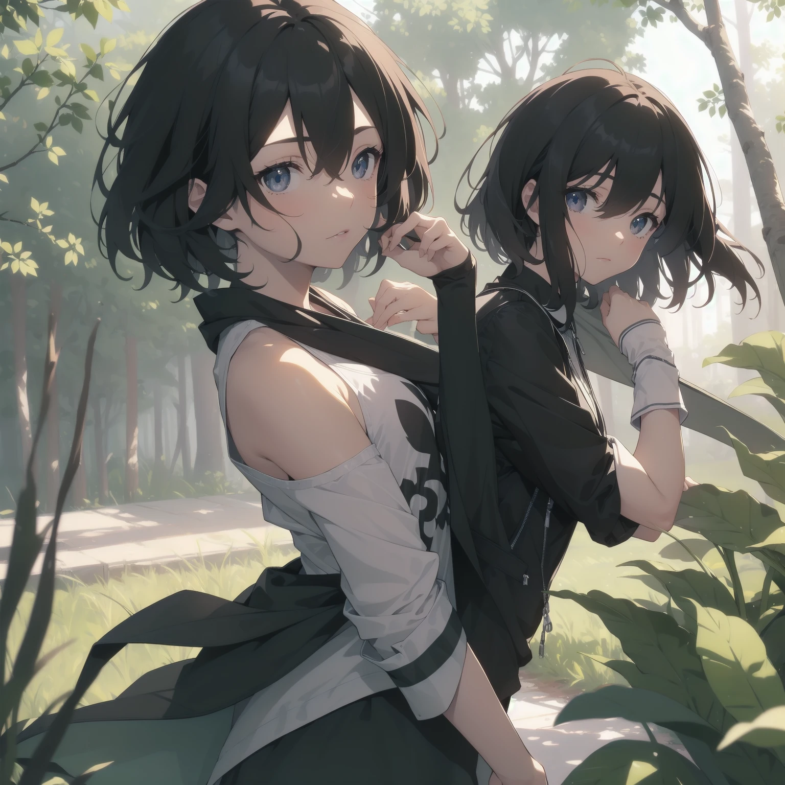 ultra-absurdres-Top quality by artist God, ultra-detailed, high resolution, anime moe artstyle, best anime 8k konachan wallpaper, pixiv contest winner, pool:2810, perfect anatomy,break, 1girl, ninja, (Please draw a ninja girl walking sleepily to forest alone. )break,(Solo,little female, 10-year-old:1.3),Full limbs, complete fingers,(very short hair), short cut, flat chest, thighs, small butt, small black eyes, beautiful detailed eyes, well-proportioned iris and pupils, expressive eyes, highres detailed hair, expressionless,ninja clothes, bare arms, short kimono, short shorts, scarf, (Detailed Lighting), (Detailed background), night, in the forest. break,super detailed skin, Best cinematic lighting powered by famous artist, 8k,beauty illustration,photoshop_(medium),very aesthetic,break,((artist:creayus )), artist:clamp ,artist:carnelian ,artist:kantoku ,