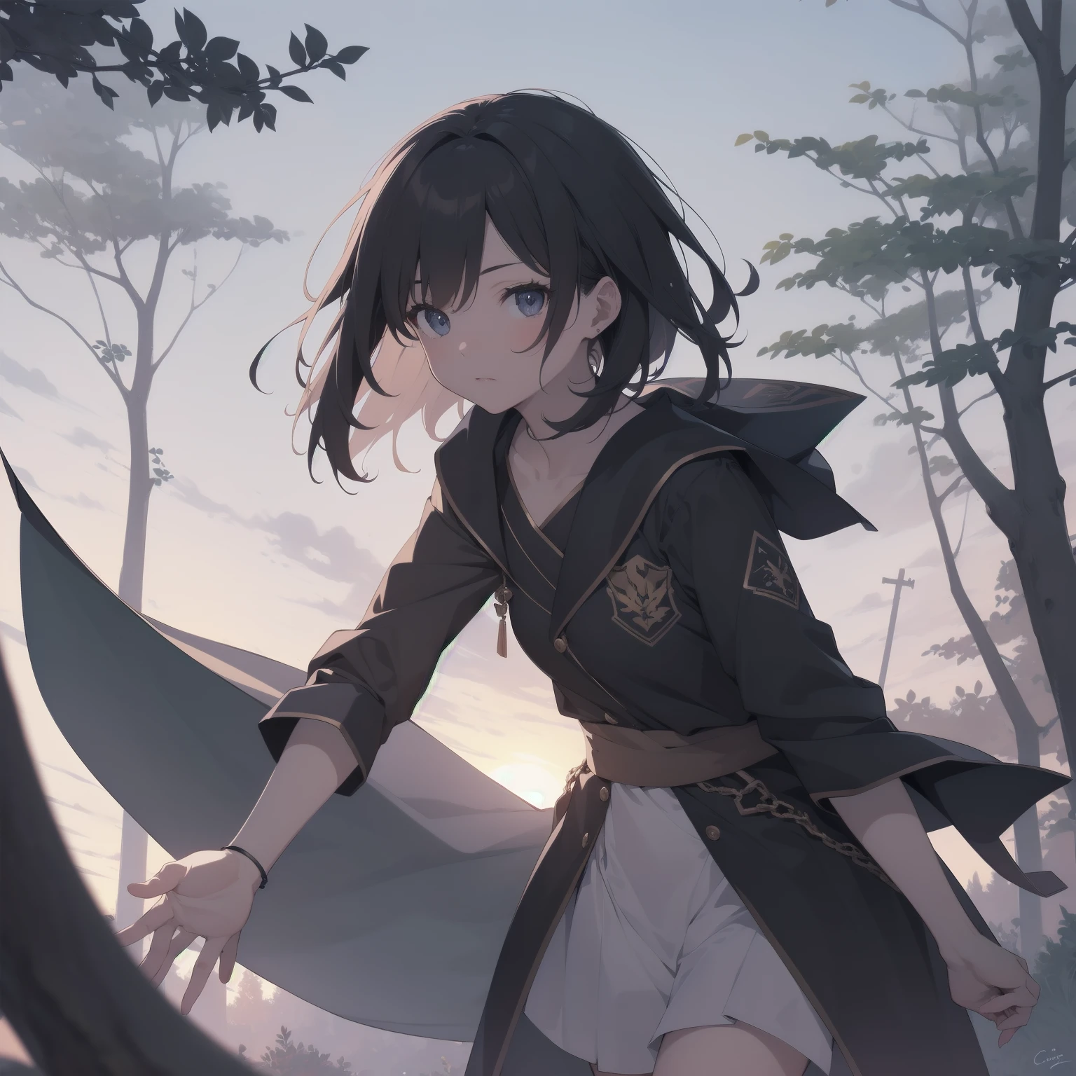 ultra-absurdres-Top quality by artist God, ultra-detailed, high resolution, anime moe artstyle, best anime 8k konachan wallpaper, pixiv contest winner, pool:2810, perfect anatomy,break, 1girl, ninja, (Please draw a ninja girl walking sleepily to forest alone. )break,(Solo,little female, -yeld:1.Full limbs, complete fingers,(very short hair), short cut, flat chest, thighs, small butt, small black eyes, beautiful detailed eyes, well-proportioned iris and pupils, expressive eyes, highres detailed hair, expressionless,ninja clothes, bare arms, short kimono, short shorts, scarf, (Detailed Lighting), (Detailed background), night, in the forest. break,super detailed skin, Best cinematic lighting powered by famous artist, 8k,beauty illustration,photoshop_(medium),very aesthetic,break,((artist:creayus )), artist:clamp ,artist:carnelian ,artist:kantoku ,