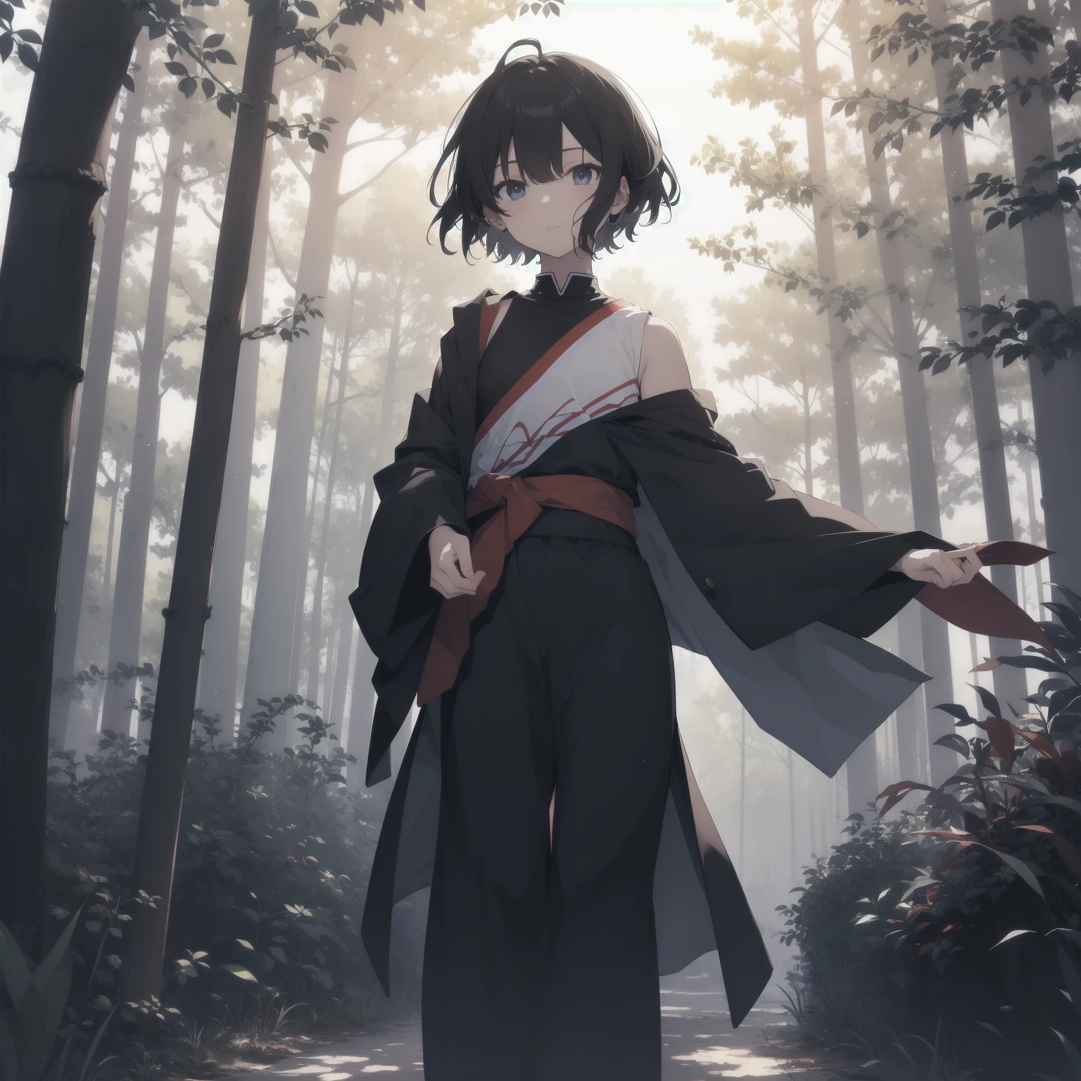 ultra-absurdres-Top quality by artist God, ultra-detailed, high resolution, anime moe artstyle, best anime 8k konachan wallpaper, pixiv contest winner, pool:2810, perfect anatomy,break, 1girl, ninja, (Please draw a ninja girl walking sleepily to forest alone. )break,(Solo,little female, 10-year-old:1.3),Full limbs, complete fingers,(very short hair), short cut, flat chest, thighs, small butt, small black eyes, beautiful detailed eyes, well-proportioned iris and pupils, expressive eyes, highres detailed hair, expressionless,ninja clothes, bare arms, short kimono, short shorts, scarf, (Detailed Lighting), (Detailed background), night, in the forest. break,super detailed skin, Best cinematic lighting powered by famous artist, 8k,beauty illustration,photoshop_(medium),very aesthetic,break,((artist:creayus )), artist:clamp ,artist:carnelian ,artist:kantoku ,