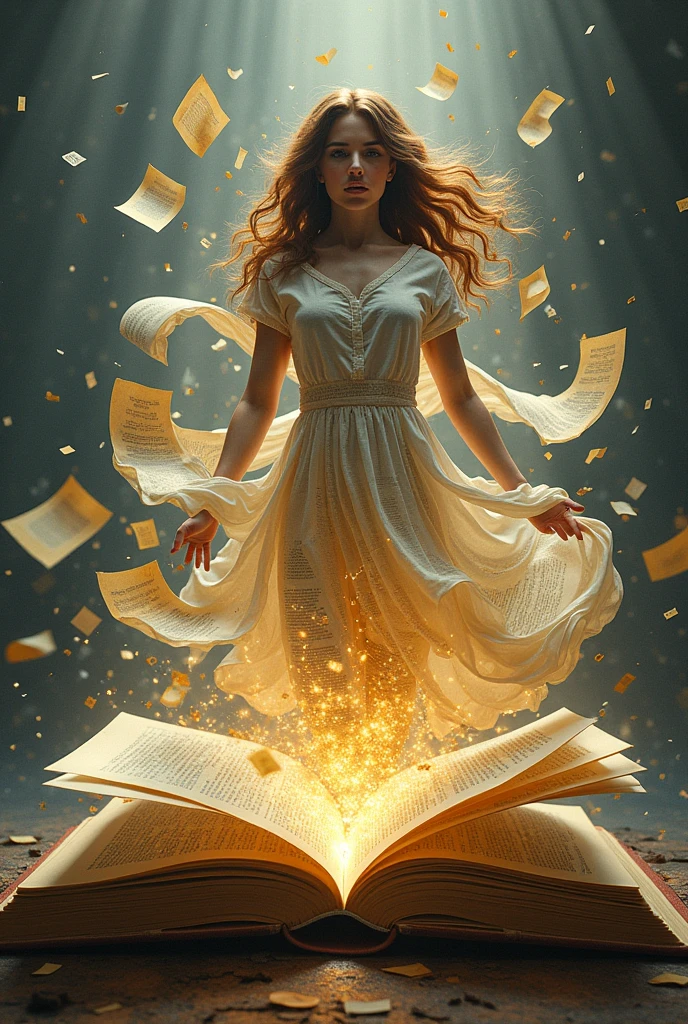 Image of a woman in the shape of words coming out of a book with pages flying out