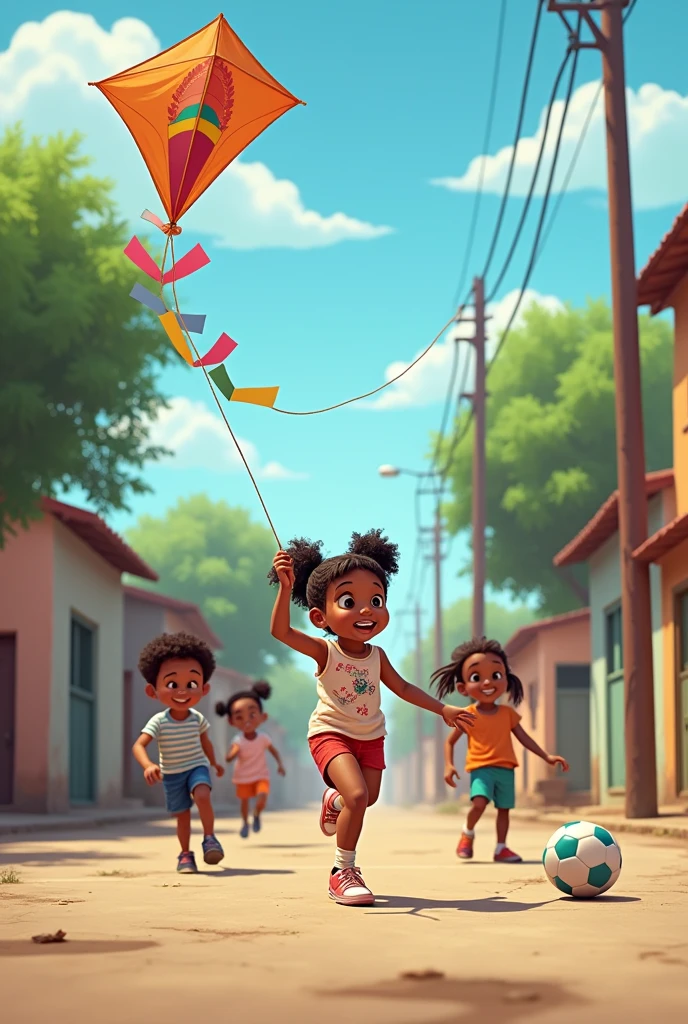 CREATE A PROFESSIONAL IMAGE COMMANDING A HUMBLE STREET WITH CHILDREN OF DIFFERENT RACES, black, indigenous, WHITE GIRL PLAYING WITH A KITE, Street soccer